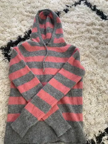 후드 부착 스웨터 핑크 그레이 스트라이프