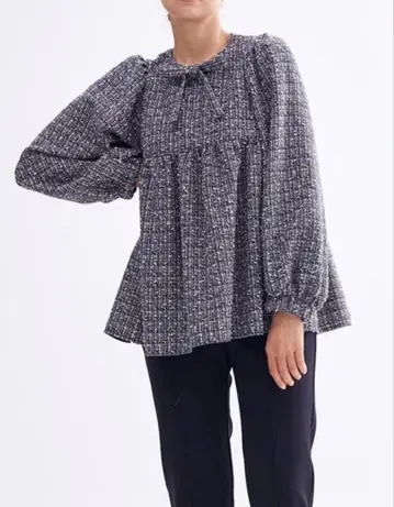 새상품급 yori 요리 리본 트위드 블라우스 네이비 38 일본제 완판템