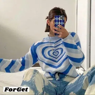 한국 컬러풀 빅 하트 니트 귀여운 세련된 개성있는 블루 파랑