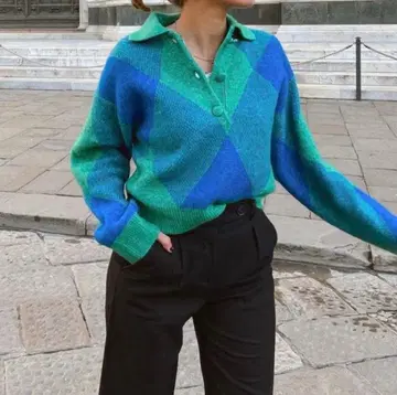 [ 새상품 ] ZARA 아가일 자카드 니트 피케 셔츠 M 사이즈