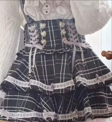 LIZLISA 사다리 리본 체크 티어 스커트 팬츠 핑크 x 블랙