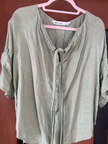 HUG O WAR 린넨 100% 라이트 그린 반팔 셔츠