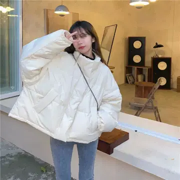 한국 스타일 루즈핏 숏 기장 코튼 다운 코트 겨울용 옷깃 풀 집업 루지