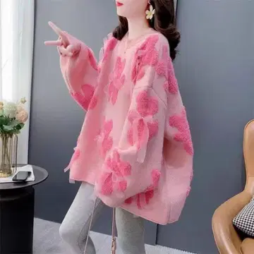 니트 상의 긴팔 튜닉 곰 크루넥 니트 스웨터