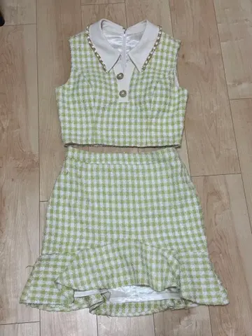 그린 체크 슬리브리스 셋업