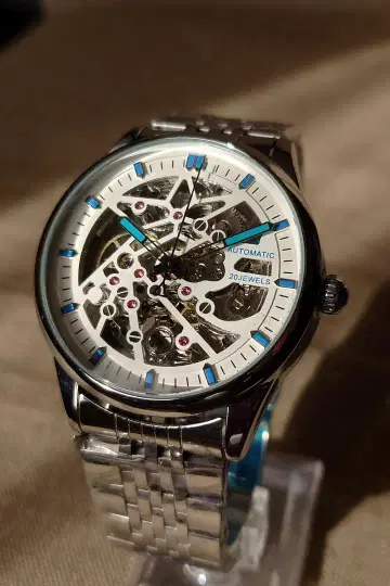 자동 와인딩 시계 스켈레톤 화이트/실버