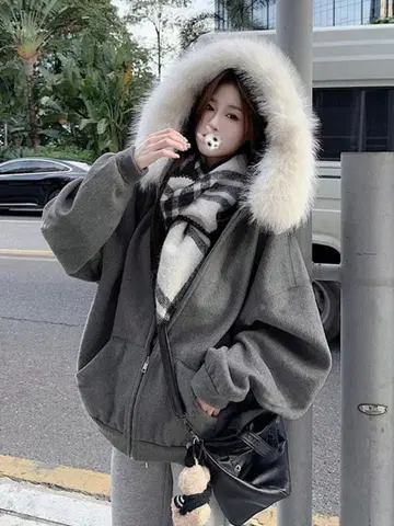 여성용 두꺼운 원단 따뜻한 후드 부착 퍼 옷깃 집업 스웨트 셔츠, 겨울용