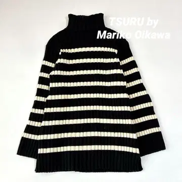 새상품급 츠루바이 블랙&화이트 스트라이프 터틀넥 니트 코튼 울