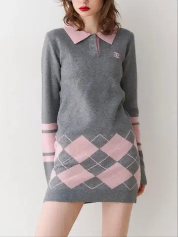 아가일 무늬 그레이 핑크 긴팔 원피스
