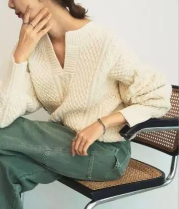 plage 아란 니트 울 스웨터 케이블 짜임 숏 니트 내추럴