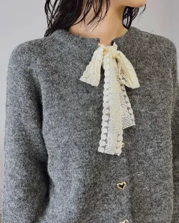 보타이 하트 버튼 니트 가디건