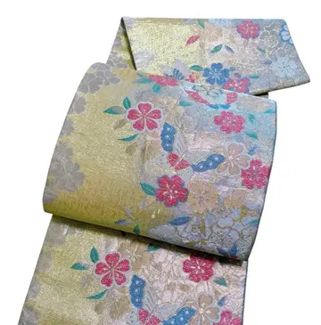 A 17 후쿠로 오비 육통 화문 패턴 꽃풀 나비 순수 실크 후리소데용