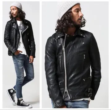 nano universe 블랙 가죽 더블 라이더 자켓