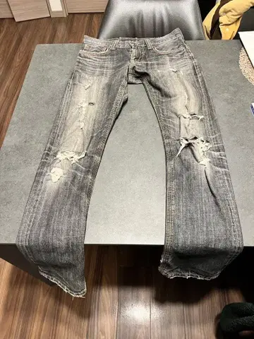 EDWIN KUS 데미지 데님 팬츠 다크 그레이