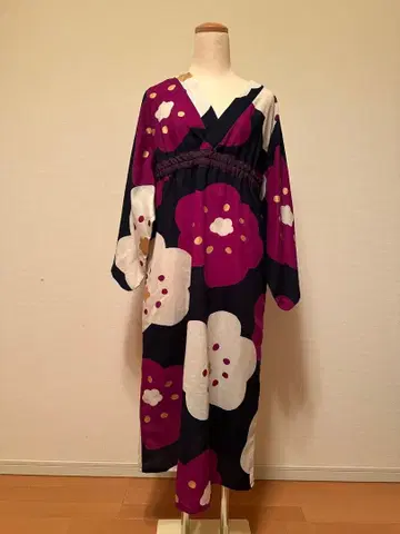 SOUSOU 꽃무늬 롱 원피스 V넥 긴팔