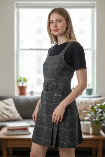 그레이 체크 무늬 슬리브리스 원피스