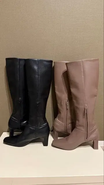 스나이델 스퀘어 롱 부츠 블랙 베이지 중간 힐