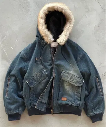 perushu 빈티지 데님 후드 퍼 블루종 L 사이즈