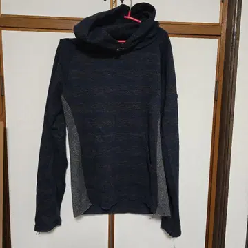 후드 부착 다크 블루 그레이 스트라이프 후드티/ABAHOUSE