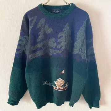 구제 의류 디자인 니트 스웨터 알파카 혼방 자수 올 패턴 그린 빈티지 L