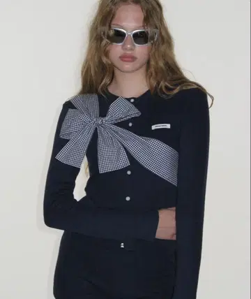 CRANK 리본 니트 가디건 네이비