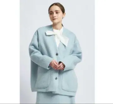 yori 스카이블루 울 모헤어 샤기 코트 자켓