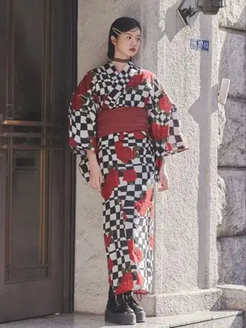 jouetie 빨검 체크 무늬 유카타 그레이 오비 세트