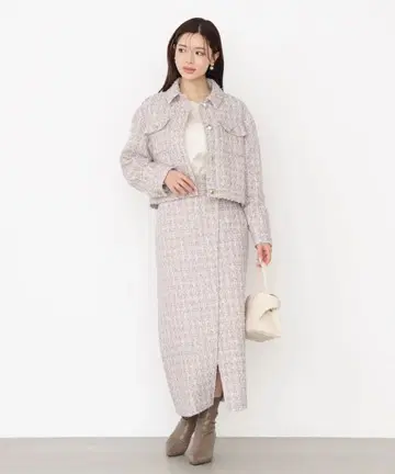 라메 트위드 내로우 스커트 블루종 세트