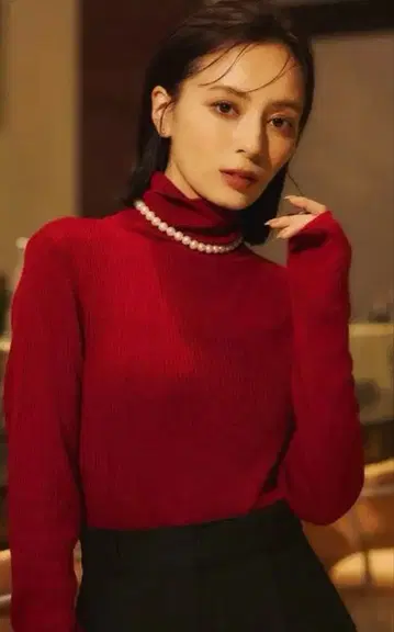 아뉴앙스 하이 게이지 울 핏 리브 터틀 니트 레드