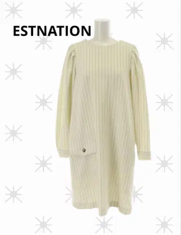 에스트네이션 아이보리 스트라이프 퍼프 슬리브 롱 원피스 M