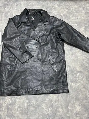 vintage 블랙 가죽 더블 브레스트 코트