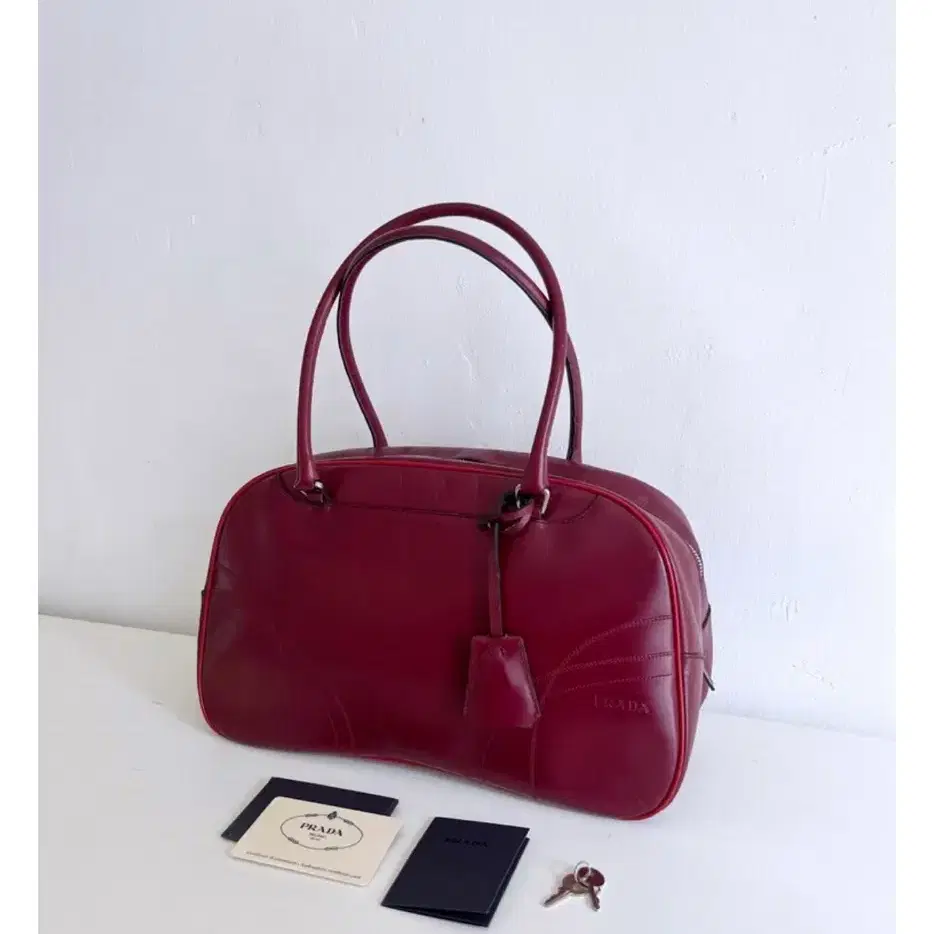 Last Discount) Prada Vintage Leather Bowling Shoulder Bag Burgundy 