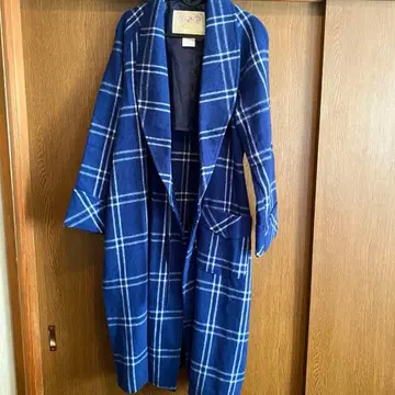 [ 구제 의류 ] 네이비 체크 무늬 롱 코트 M 여성용