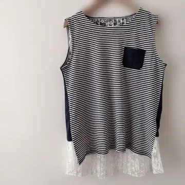 1점 한정 보더 슬리브리스 상의 레이스 밑단 포함 티셔츠 네이비