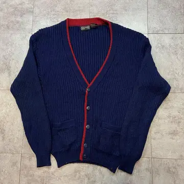90s 아크릴 니트 가디건 네이비 레드 US 구제 의류