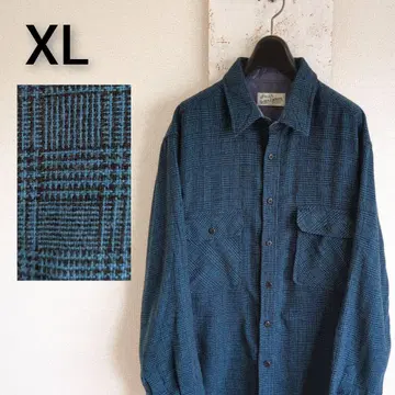 70s 80s 시어스 로우백 플란넬 셔츠 블루 울 XL