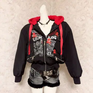 헤이세이 갸루 Y2K 후드 부착 블랙 레드 스컬 후드티 남녀 공용