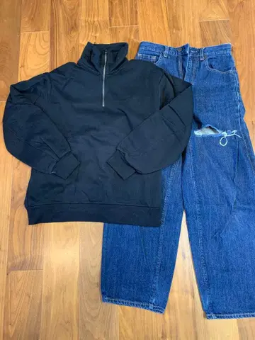 GU 여성용 코쿤 실루엣 청바지 하프 지퍼 풀오버 맨투맨