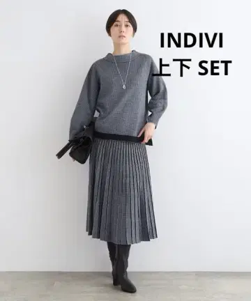 INDIVI 세탁 가능한 SETUP 자카드 니트 스커트 보틀넥 니트