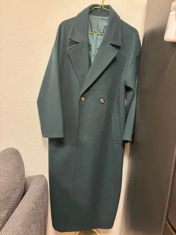 다크 그린 더블 브레스트 롱 코트