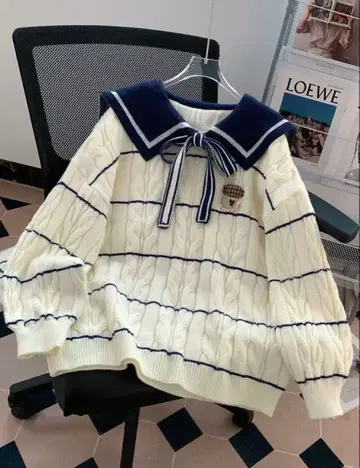 아이보리 세일러 카라 리본 포함 니트 스웨터