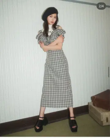 2way 프릴 숄더 체크 원피스 redyazel