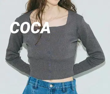 미사용급 COCA 하이 게이지 니트 스퀘어 가디건 숏 기장 리브 절개 M