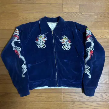 50s 카라 부착 마이코 벨벳 재팬 맵 네이비 벨벳 스카잔 수베니어 자켓