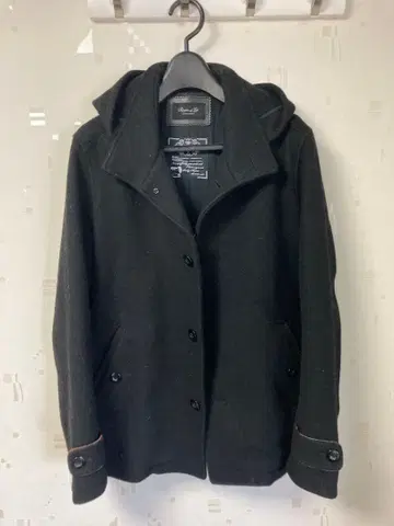 남성용 블랙 후드 부착 울 혼방 피 코트