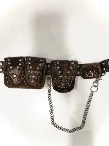 천연 가죽 웨스트 파우치 스터드 체인 펑크 웨스턴