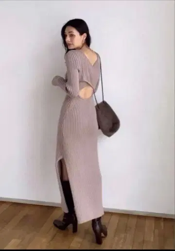 acym 니트 원피스 리브 편직 백 오픈 롱 원피스