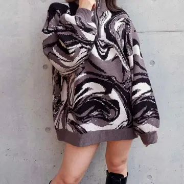 마블 패턴 자카드 하프 ZIP 니트