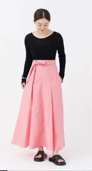 IENA 핑크 플레어 스커트 허리 리본 포함