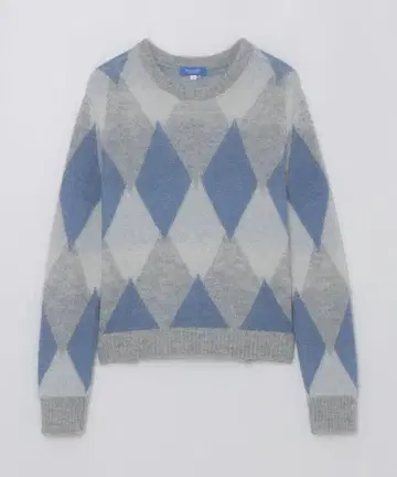 모헤어 혼방 그레이와 파랑 다이아몬드 패턴 스웨터